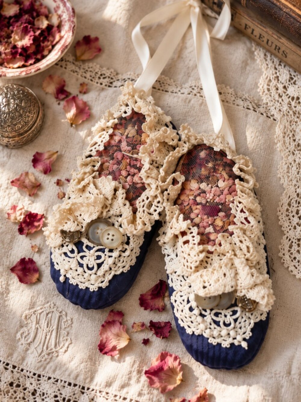 Vintage Ballerina Shoe Potpourri Sachets Handmade Crochet Lace Boudoir Decor